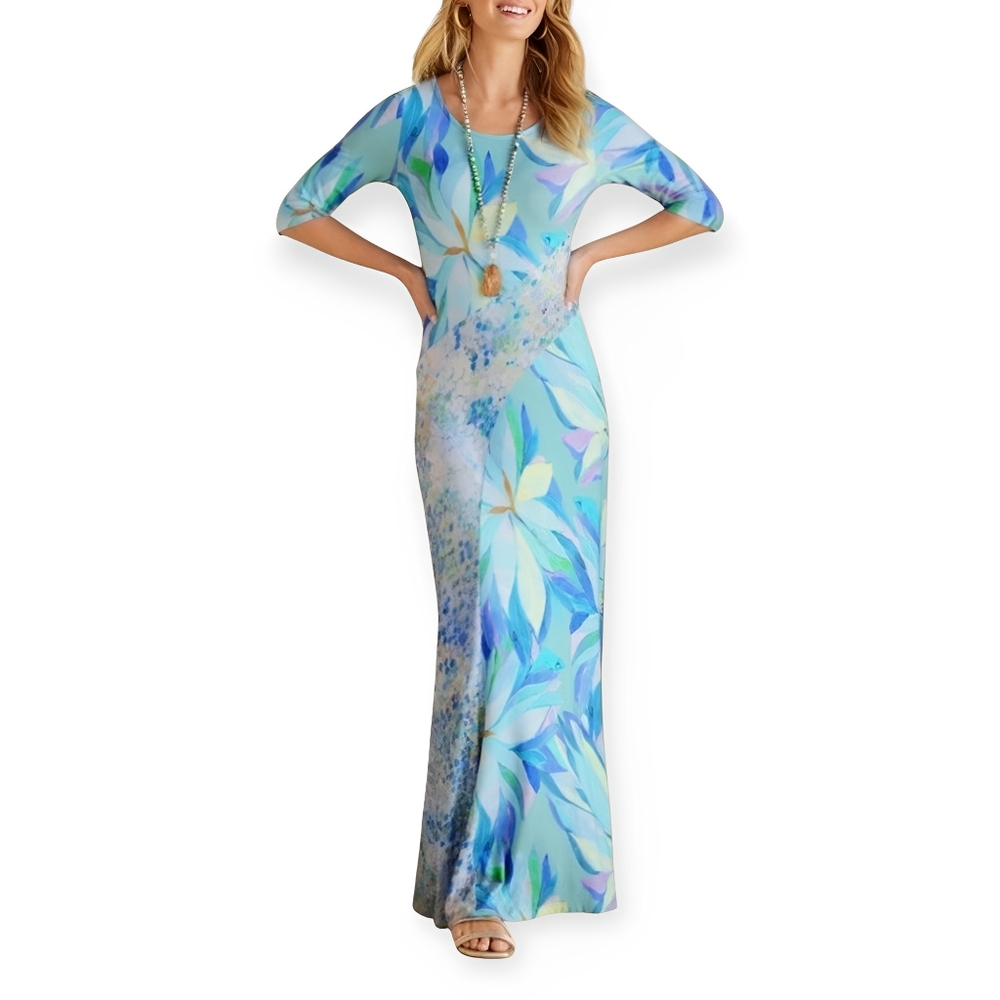 Soft Surroundings Aqua Blue Floral Maxi Dress